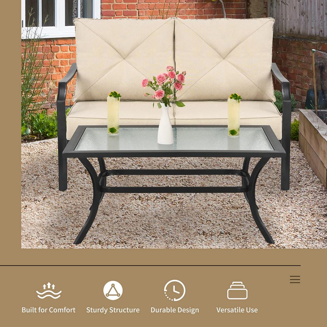 Giantex 2 Pcs Patio Loveseat Set, 2 Seat Bench Sofa with Coffee Table(Beige)