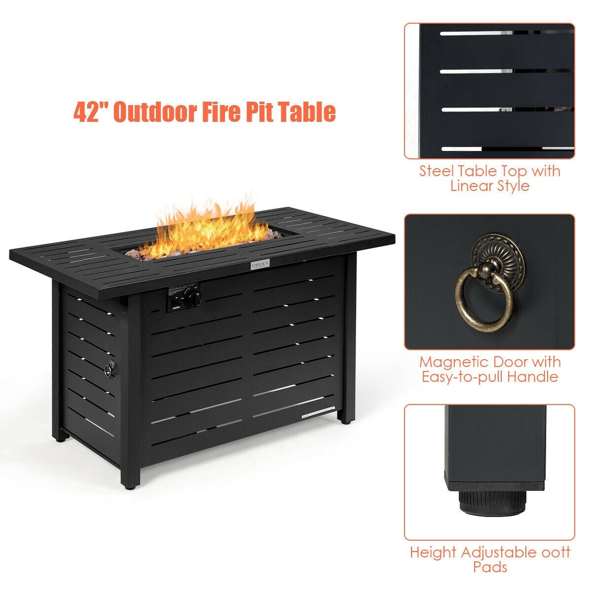 Propane Fire Pit Table, 42 Inch 60,000 BTU Rectangular Gas Fire Pit Table