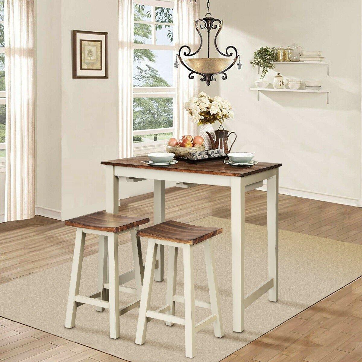 3 Piece Pub Dining Set, Counter Height Pub Table with 2 Saddle Bar Stools, Tavern Collection Table (Brown & Milky White) - Giantexus