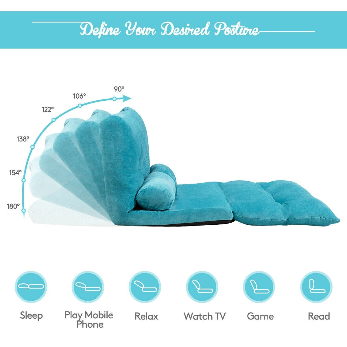 Adjustable Floor Sofa Couch with 2 Pillows, Multi-Functional 6-Position Foldable Lazy Sofa Sleeper Bed - Giantexus