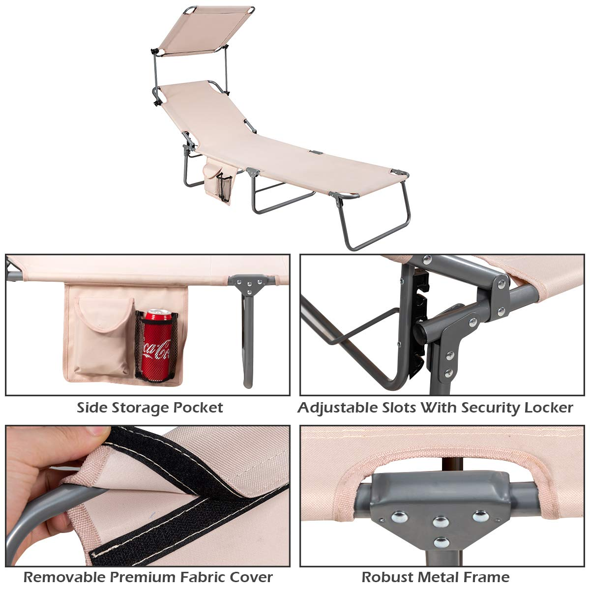 Giantex Lounge Chaise Chair Position and Shade Adjustable W/Canopy and Storage Pocket