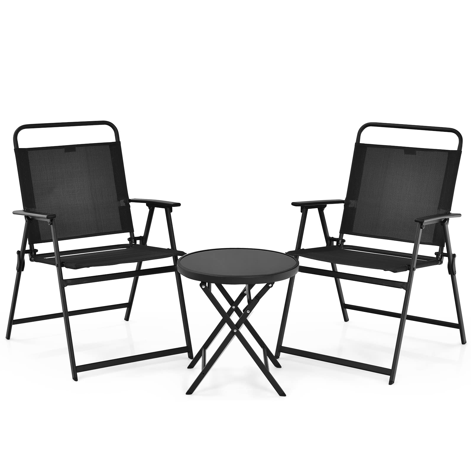 Giantex 3-Piece Patio Table Set, Folding Bistro Set with Tempered Glass Round Table and 2 Lawn Chairs
