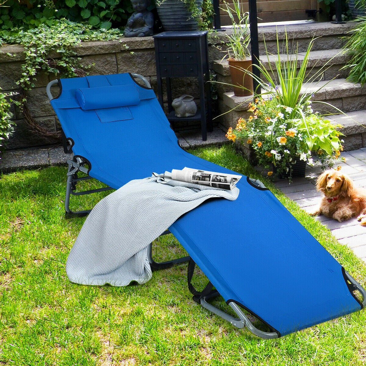 Outdoor Folding Chaise Lounge Chair, Adjustable Camping Recliner Chair