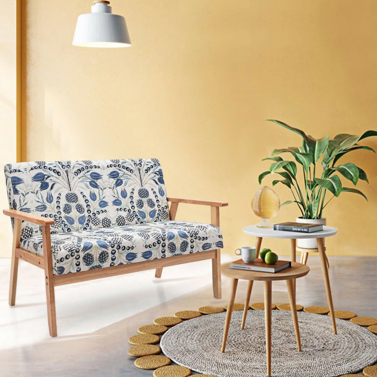 Giantex Mid-Century Wooden Loveseat, Upholstered Wooden Lounge Accent Chair - Giantexus