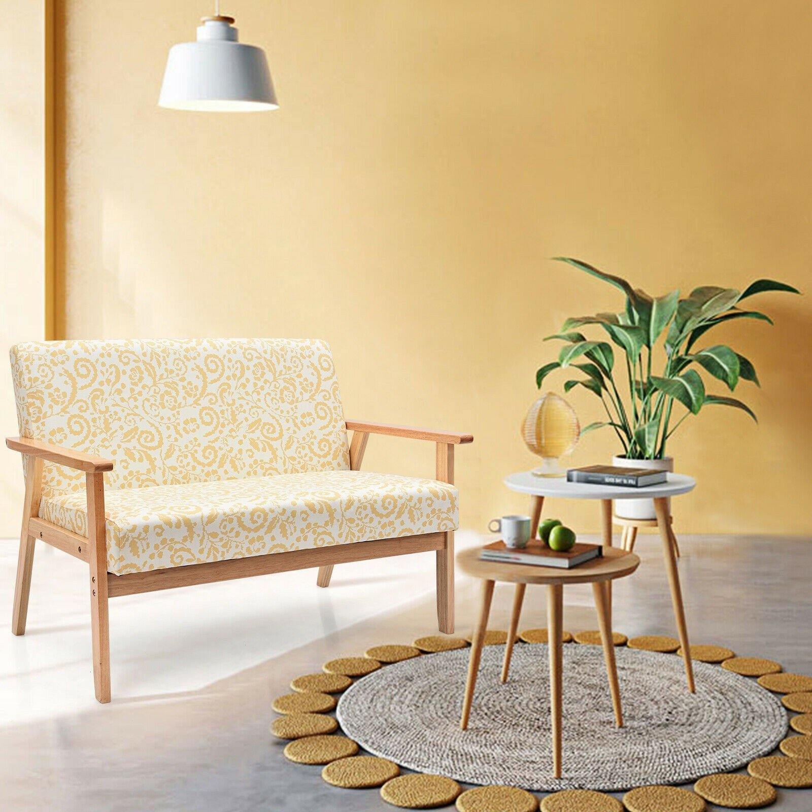 Giantex Mid-Century Wooden Loveseat, Upholstered Wooden Lounge Accent Chair - Giantexus