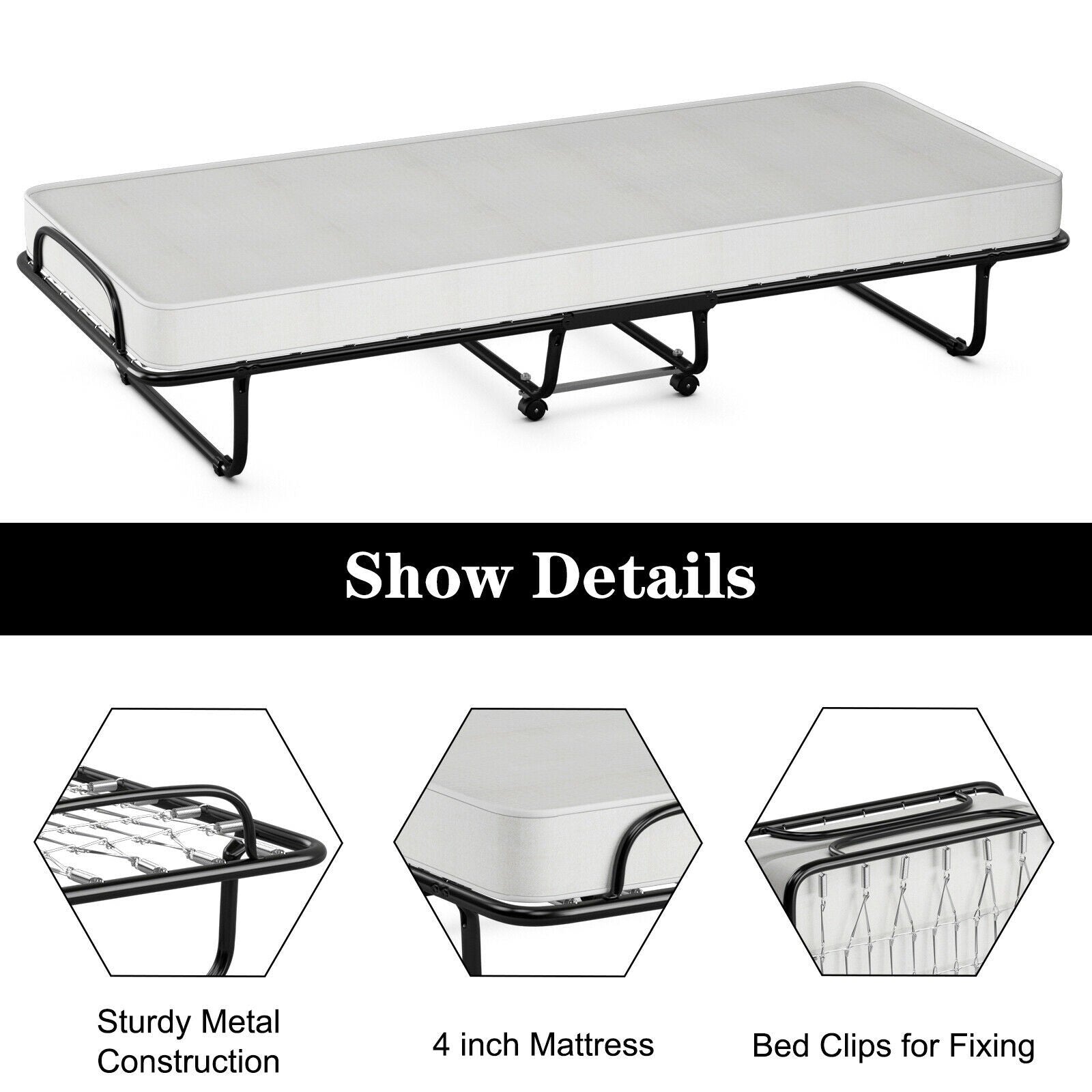 Rollaway Folding Bed with 4 Inch Mattress