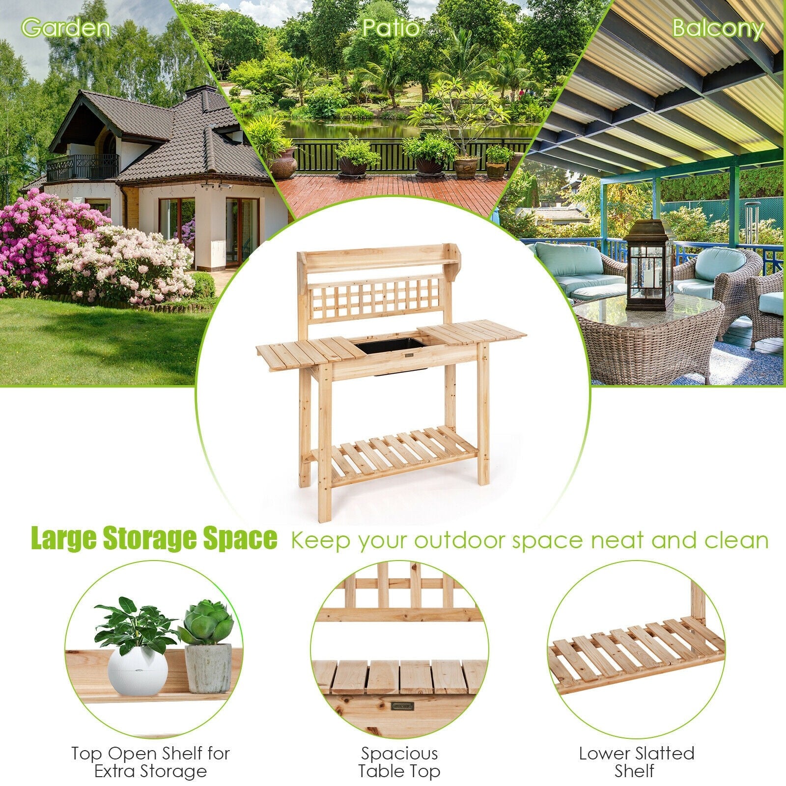 Giantex Garden Potting Bench, Outdoor Wood Work Table w/Sliding Tabletop