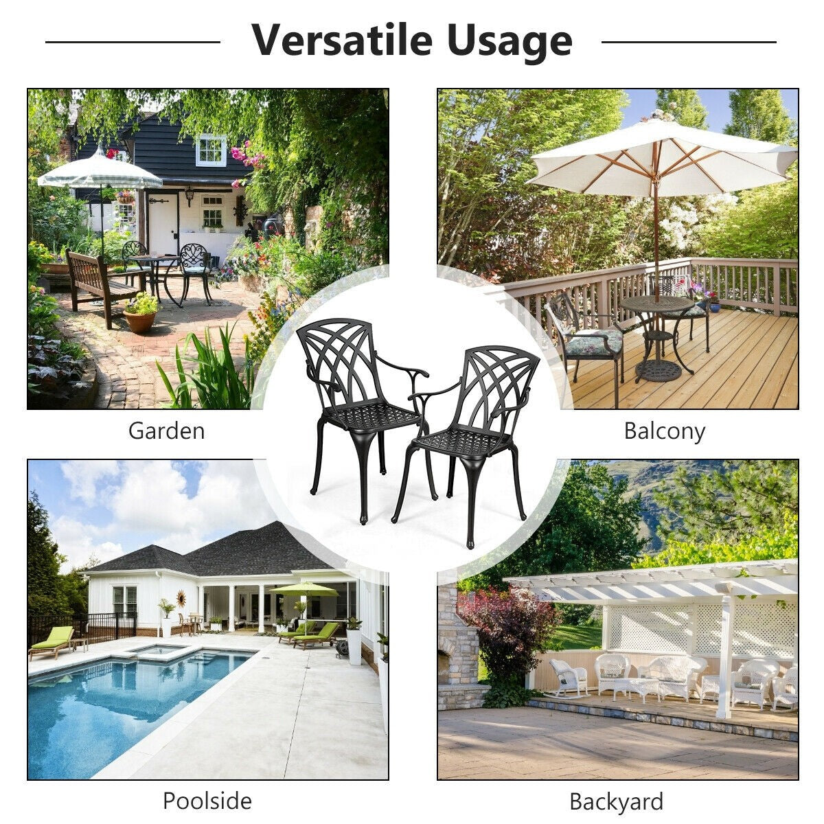 Set of 2 Outdoor Dining Chairs, Cast Aluminum Chairs with Armrest