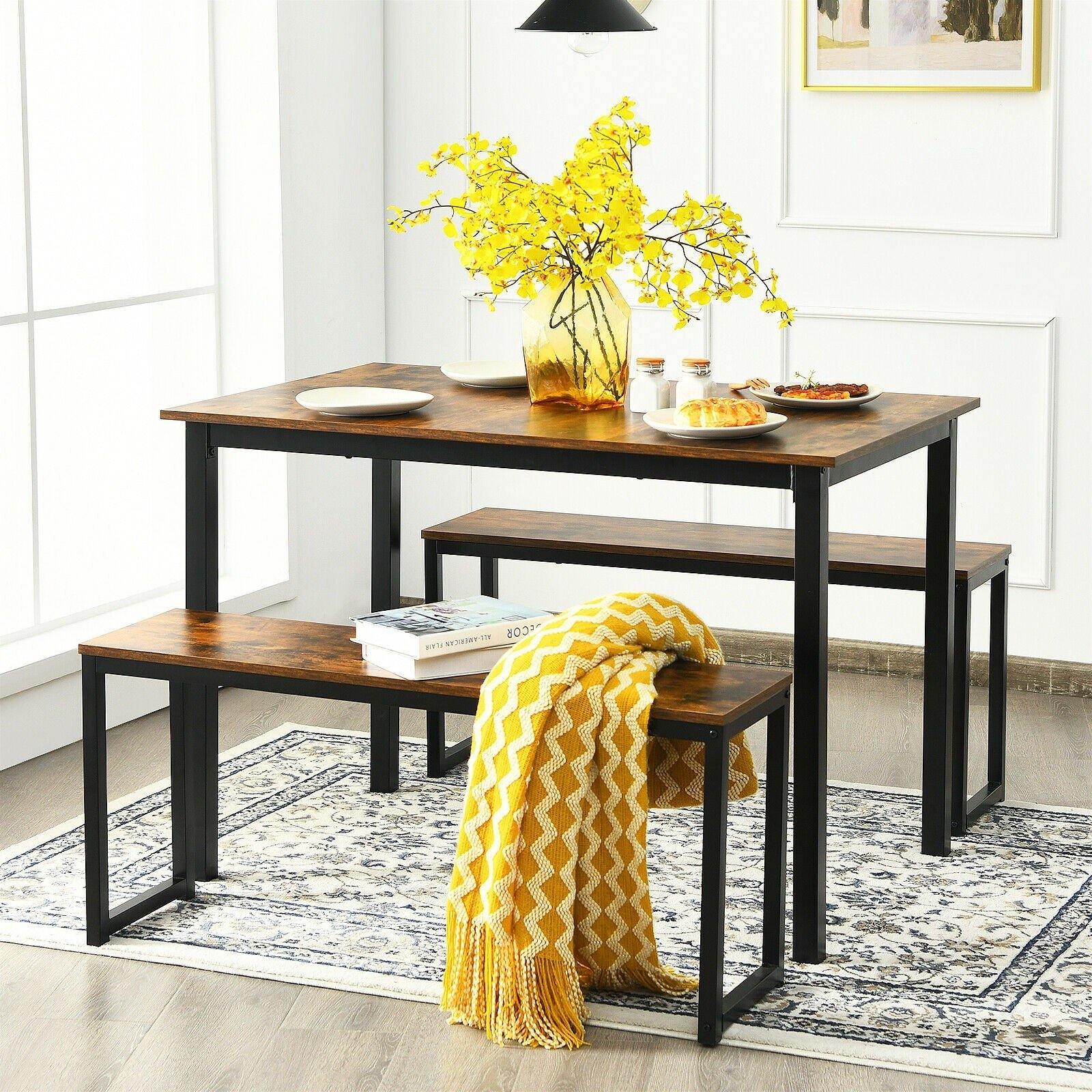 3-Piece Dining Table Set with 2 Benches, Kitchen Bench Table Set - Giantexus