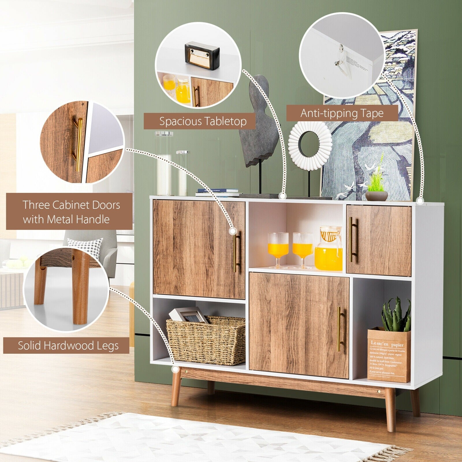 Sideboard Storage Cabinet W/Storage Compartments, Doors and Wood Legs