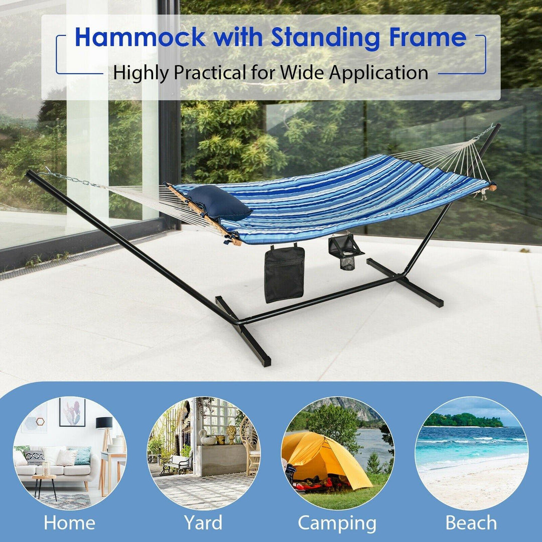 12Ft Hammock with Stand, 2 Person Heavy-Duty Steel Hammock Stand, 450 lbs Capacity (Blue and Beige Striped) - Giantexus
