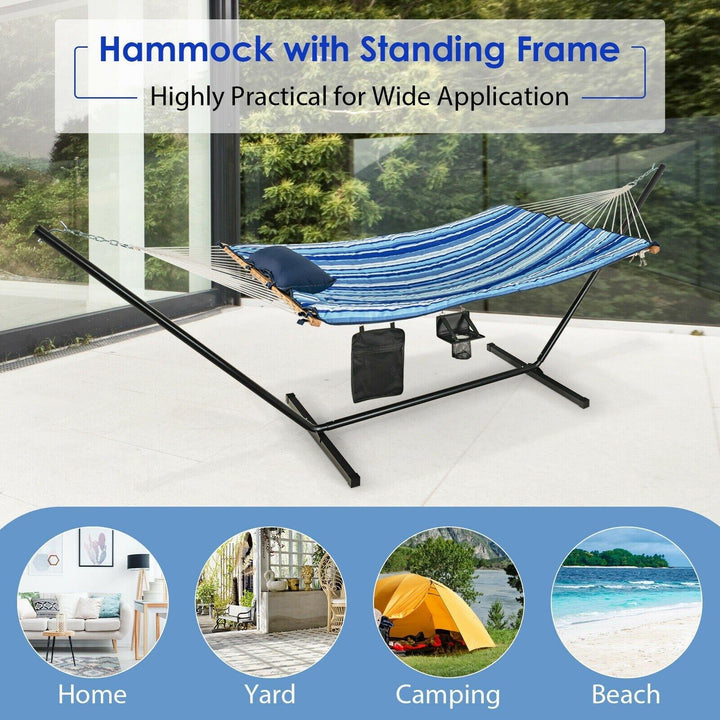 12Ft Hammock with Stand, 2 Person Heavy-Duty Steel Hammock Stand, 450 lbs Capacity (Blue and Beige Striped) - Giantexus