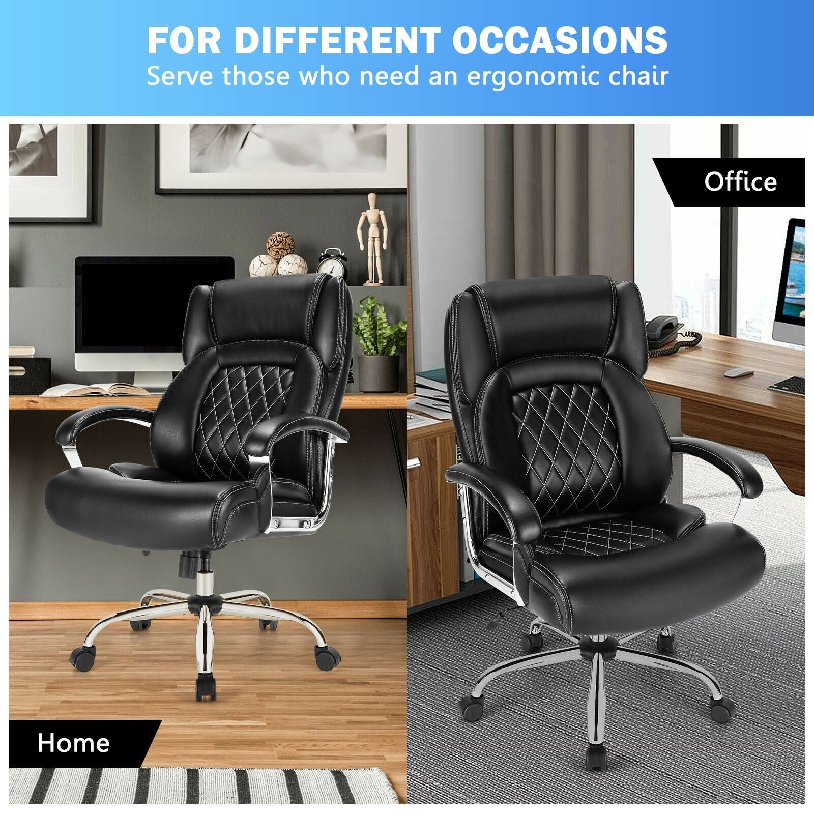 500LBS Leather Office Chair, Height Adjustable Big and Tall Executive Chair - Giantexus