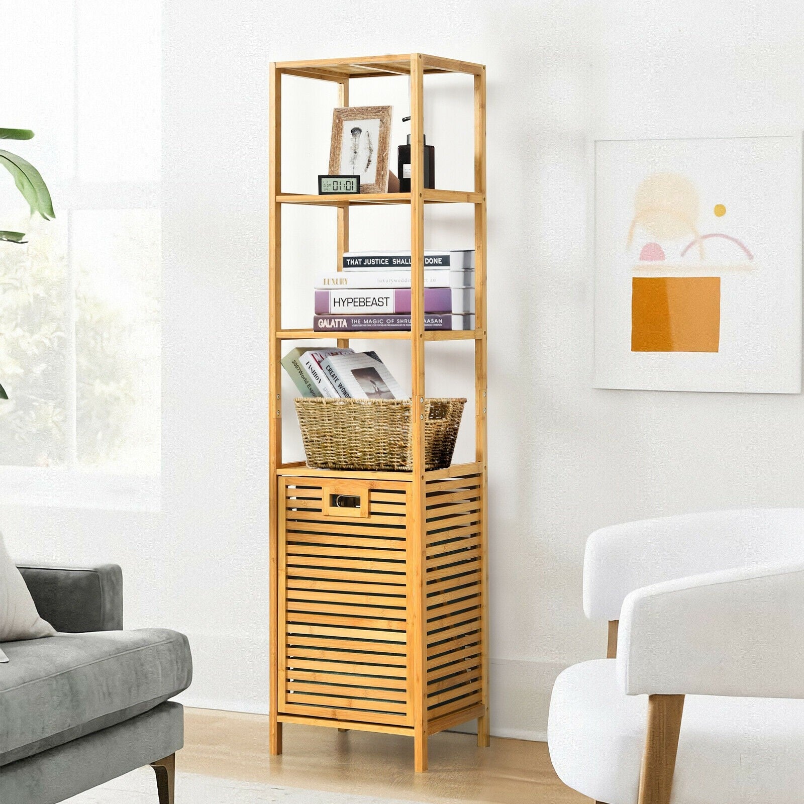 63" Tilt Out Laundry Hamper and 4-Tier Storage Shelves