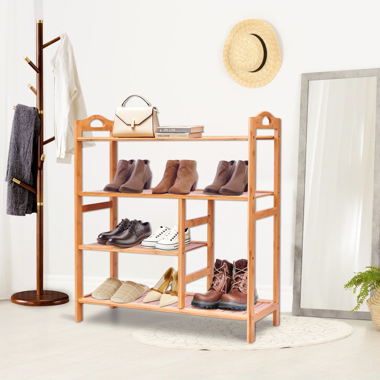 4-Tier Shoe Rack, Bamboo Shoe and Boot Rack 12-14 Pairs - Giantexus