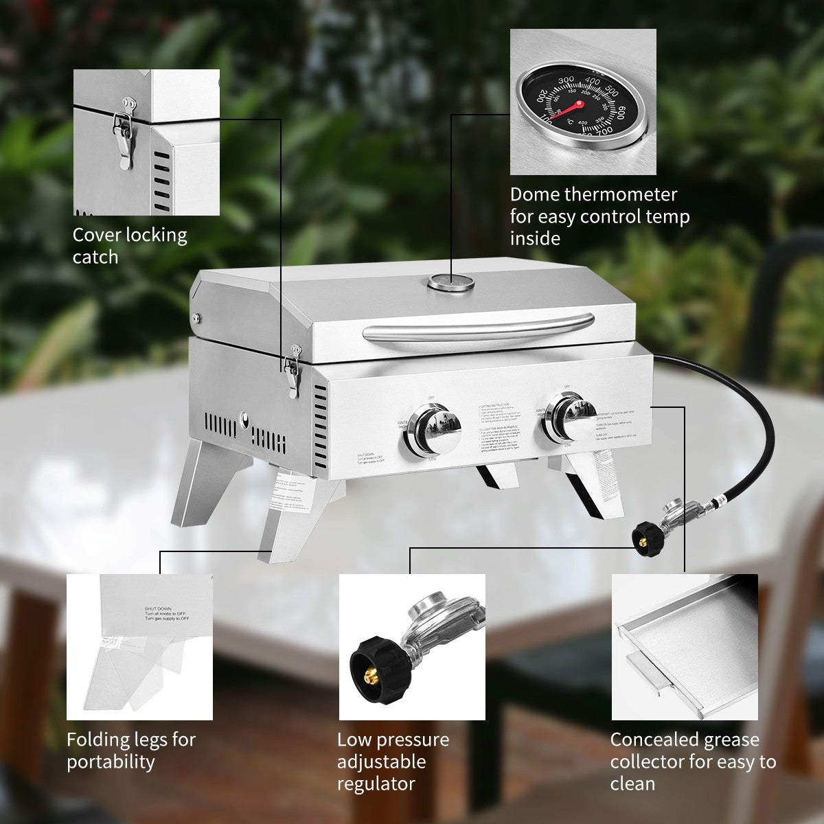 Giantex Portable Gas Grill with 2 Burner, Max. 20,000 BTU total, Folding  Legs, Built-in Thermometer, Travel Locks, Stainless Steel Tabletop Propane