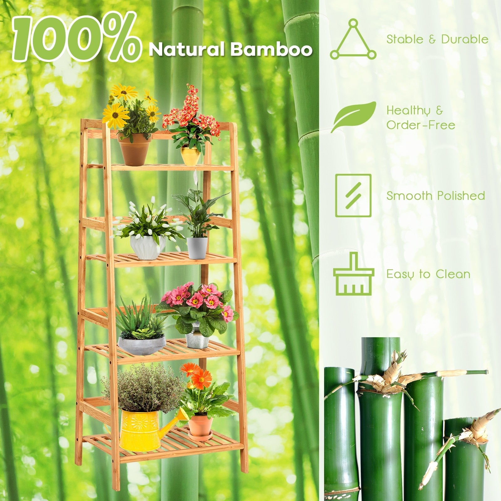 4-Tier Ladder Shelf Plant Stand, Bamboo Flower Pots Holder Display Rack - Giantexus