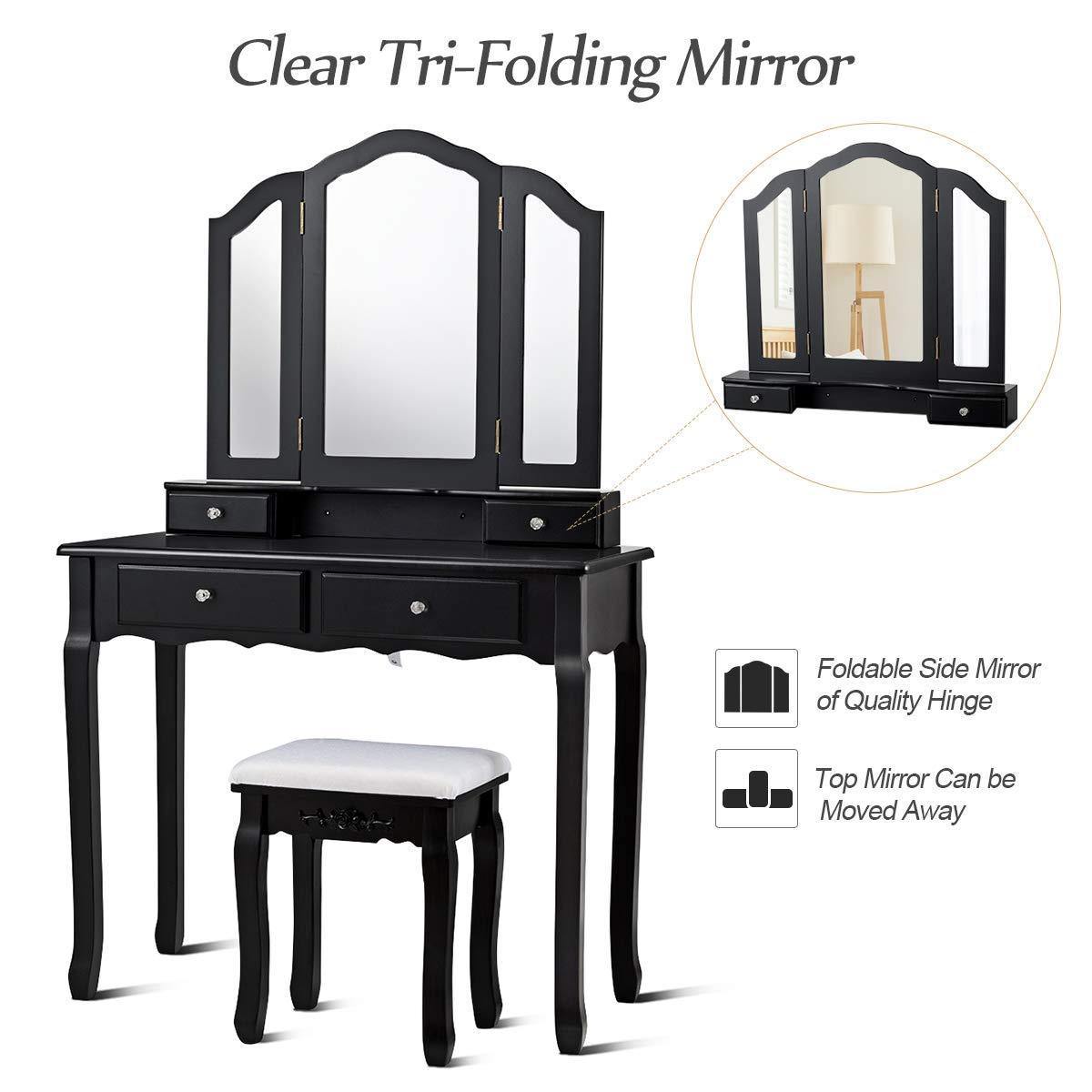 Vanity Set with Tri-Folding Mirror and 4 Drawers Makeup Dressing Table - Giantexus