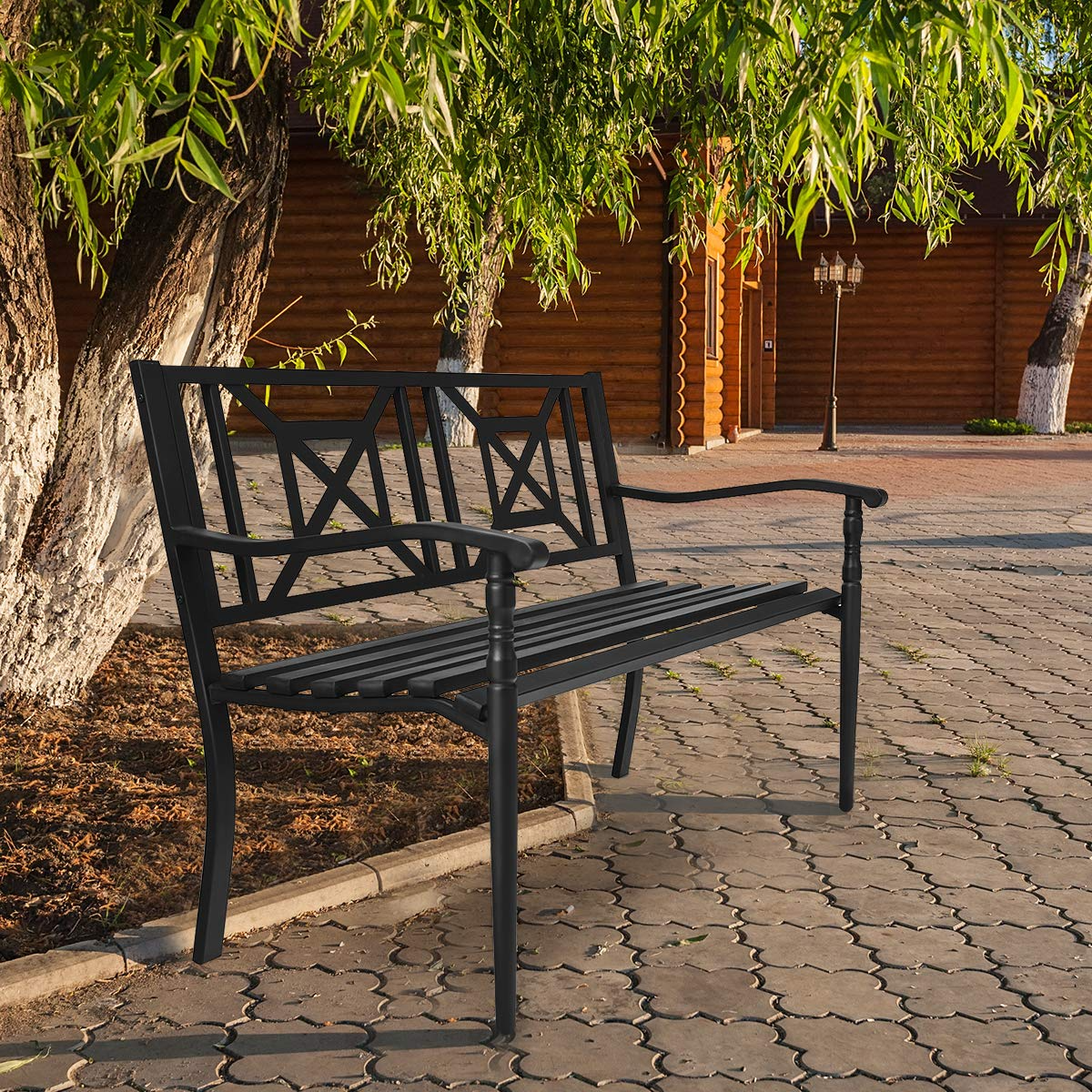 Giantex Elegant Loveseat w/Decorative Backrest & Ergonomic Armrest for Outdoor Garden, Backyard, Lawn, Porch, Path (Black)