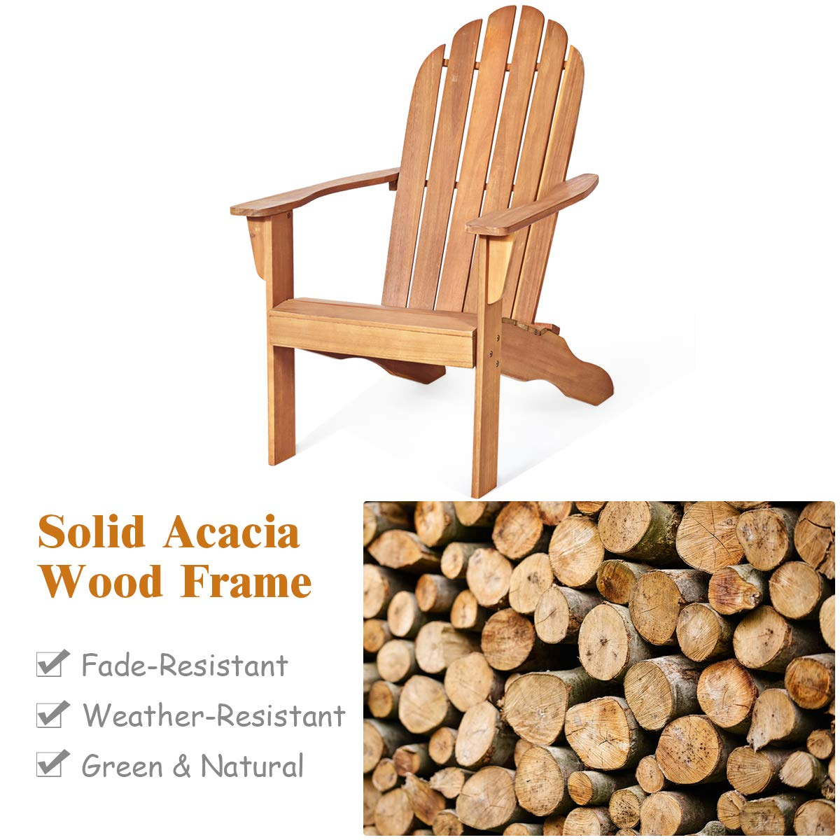 Giantex Adirondack Chairs and Table Set 3PCS Wooden W/Two Lounger Chairs and One Side Table for Yard, Patio, Garden, Poolside and Balcony