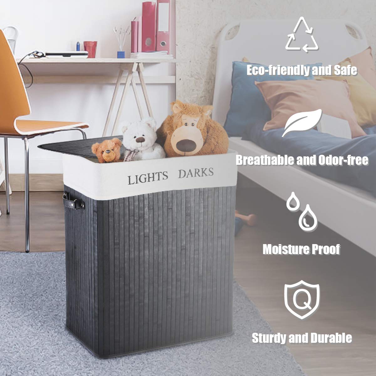 Giantex Double Laundry Hamper Bamboo Foldable Rectangle Hamper with Lid