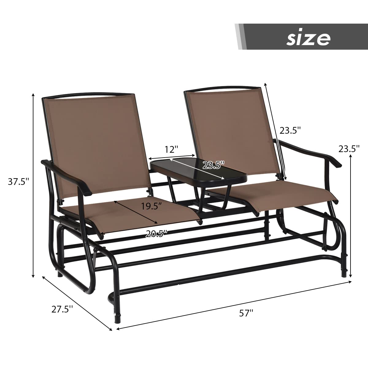 Giantex 2 Person Outdoor Double Glider Chair, Mesh Fabric Rocking Chair w/Center Tempered Glass Table