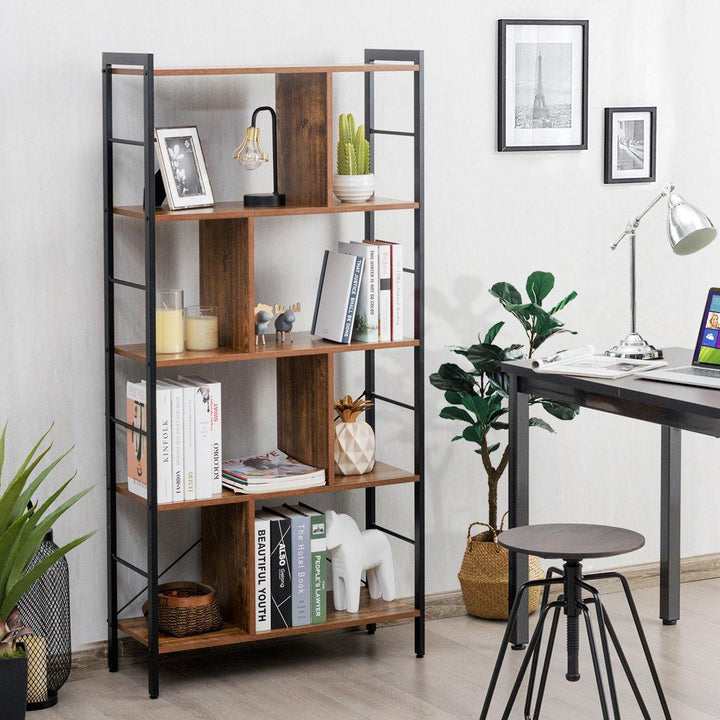 4-Tier Bookshelf, Industrial Style Bookcase with Metal Frame (Rustic Brown) - Giantexus