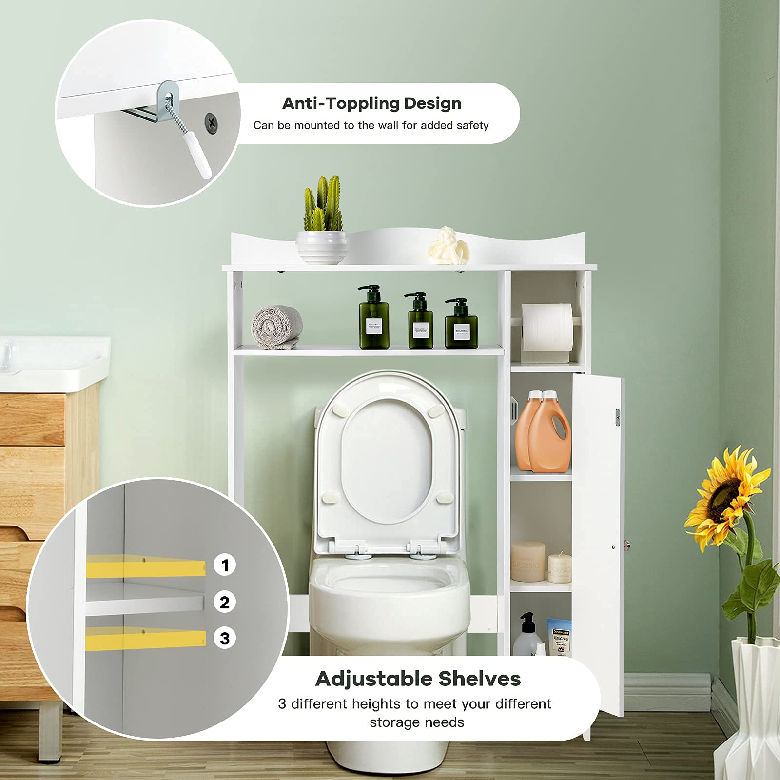 Giantex Over-The-Toilet Storage Rack, Bathroom Freestanding Space Saver with 1-Door Side Storage Cabinet