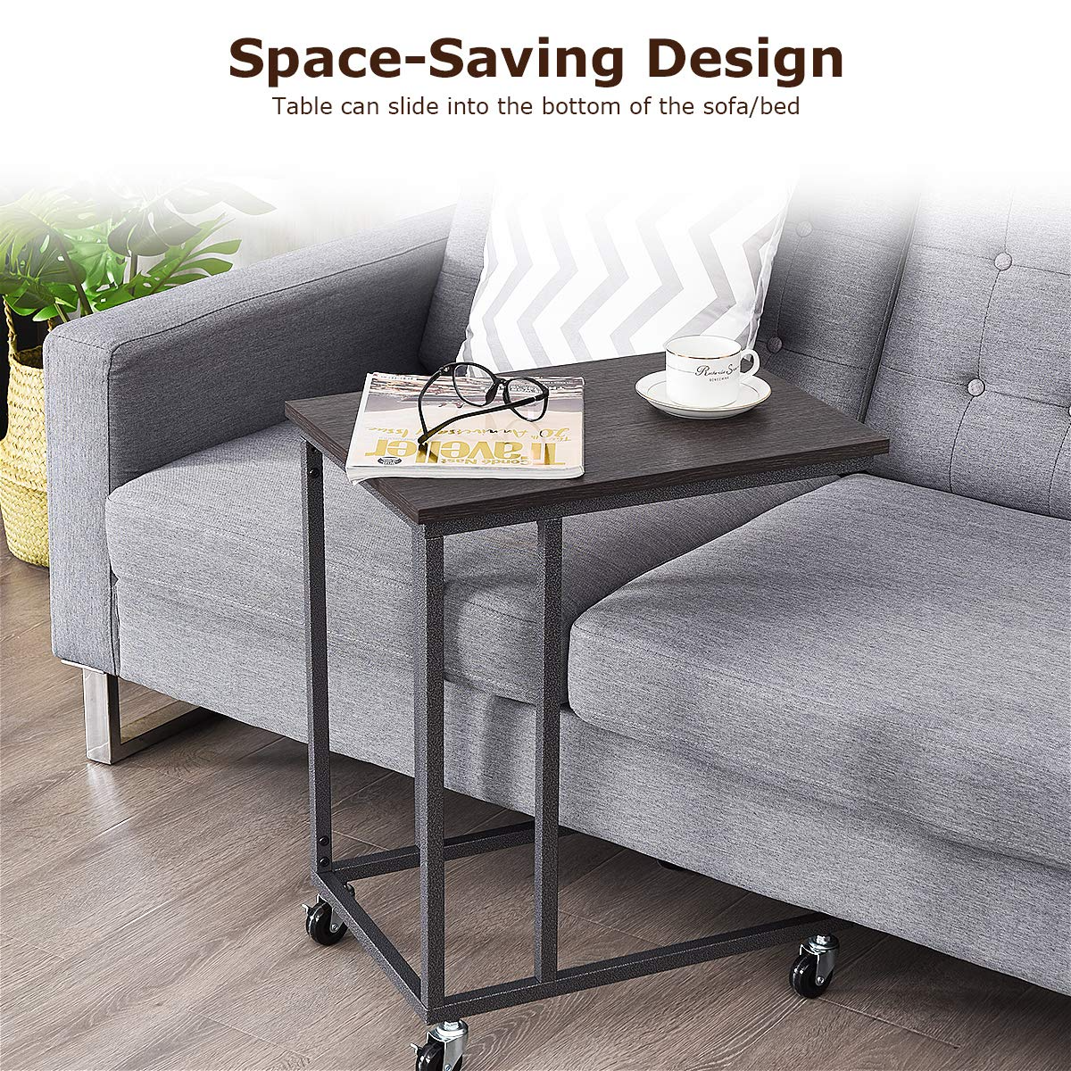 Giantex End Table Accent Sofa Side Table Wooden Rectangle Telephone Table with Rolling Casters