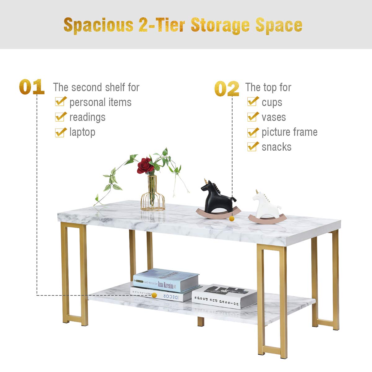 Giantex Coffee Table Rectangular, 2-Tier W/Gold Print Metal Frame and Hollow Metal Legs