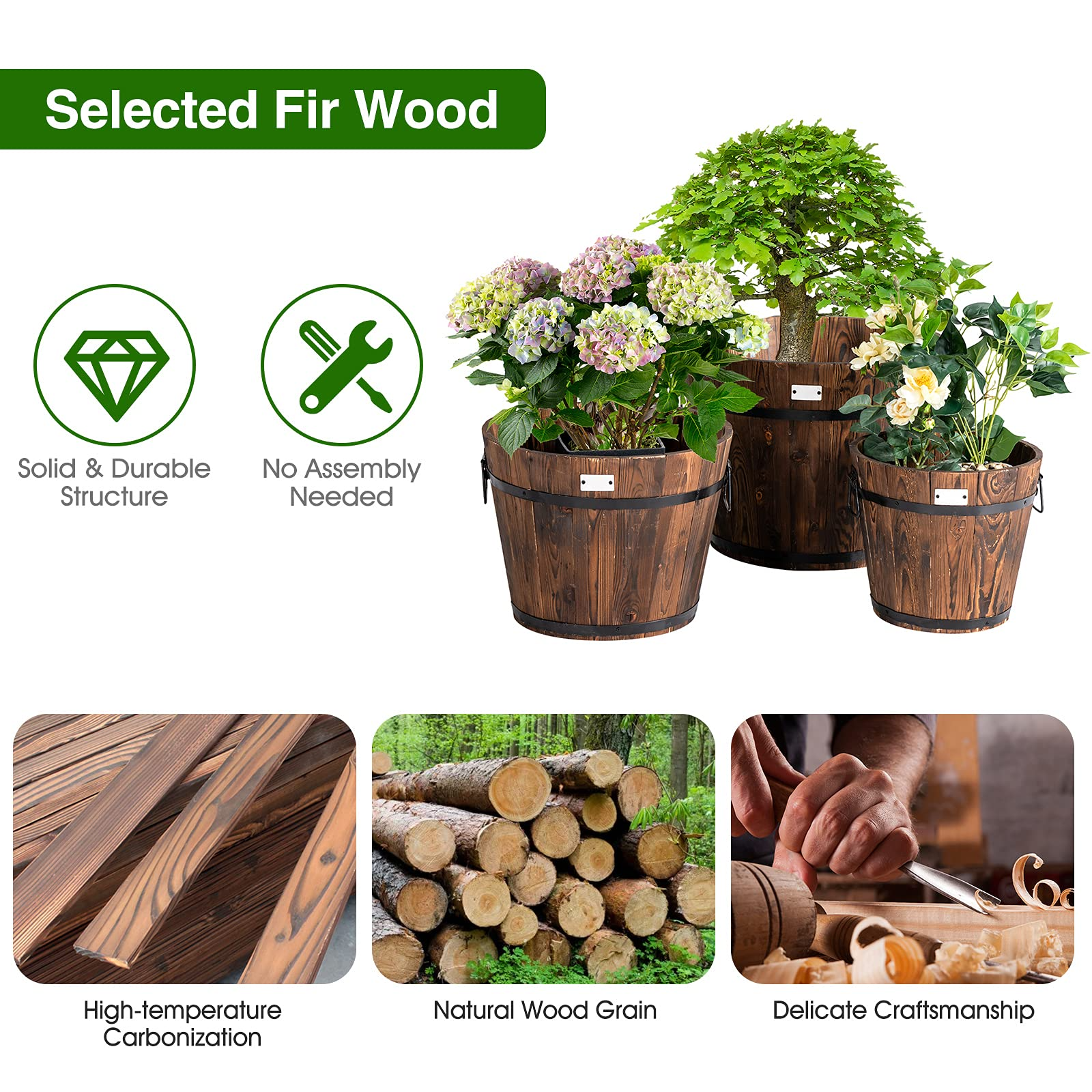 3 Pieces Wood Bucket Raised Beds for Plants Herbs Veggies