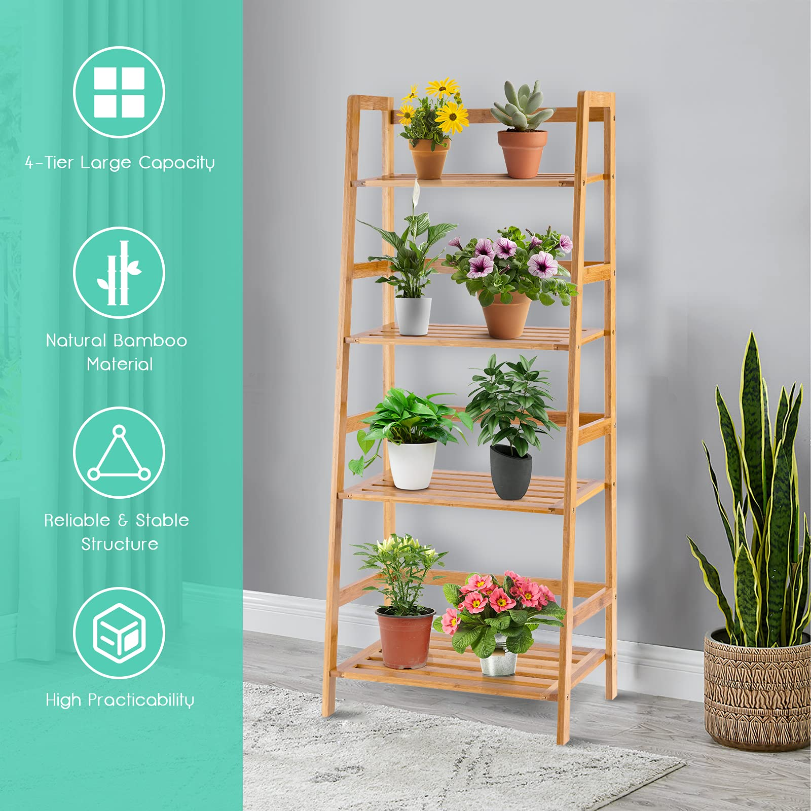 Giantex 4-Tier Bamboo Plant Stand Flower Pots Holder Display Shelf, 47.5"