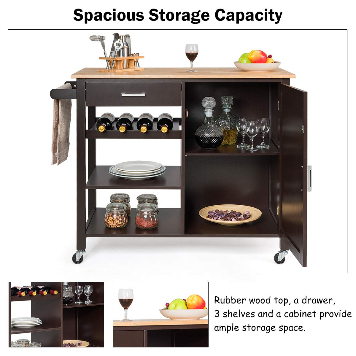 Giantex Kitchen Island Cart Rolling Serving Cart Wood Trolley, Brown