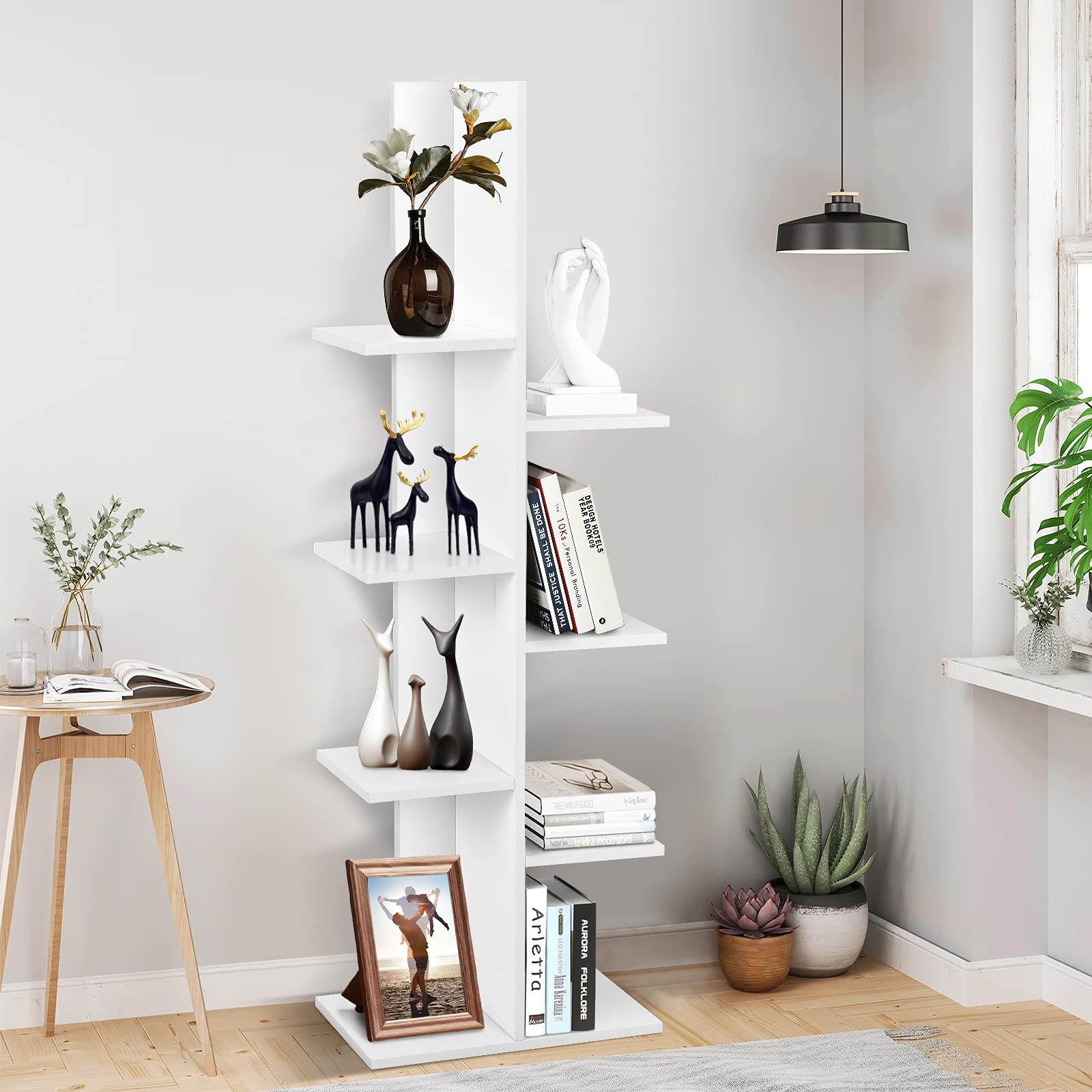 Giantex Wood Bookshelf, 7-Tier Tall Freestanding Tree Bookshelf with Anti-toppling