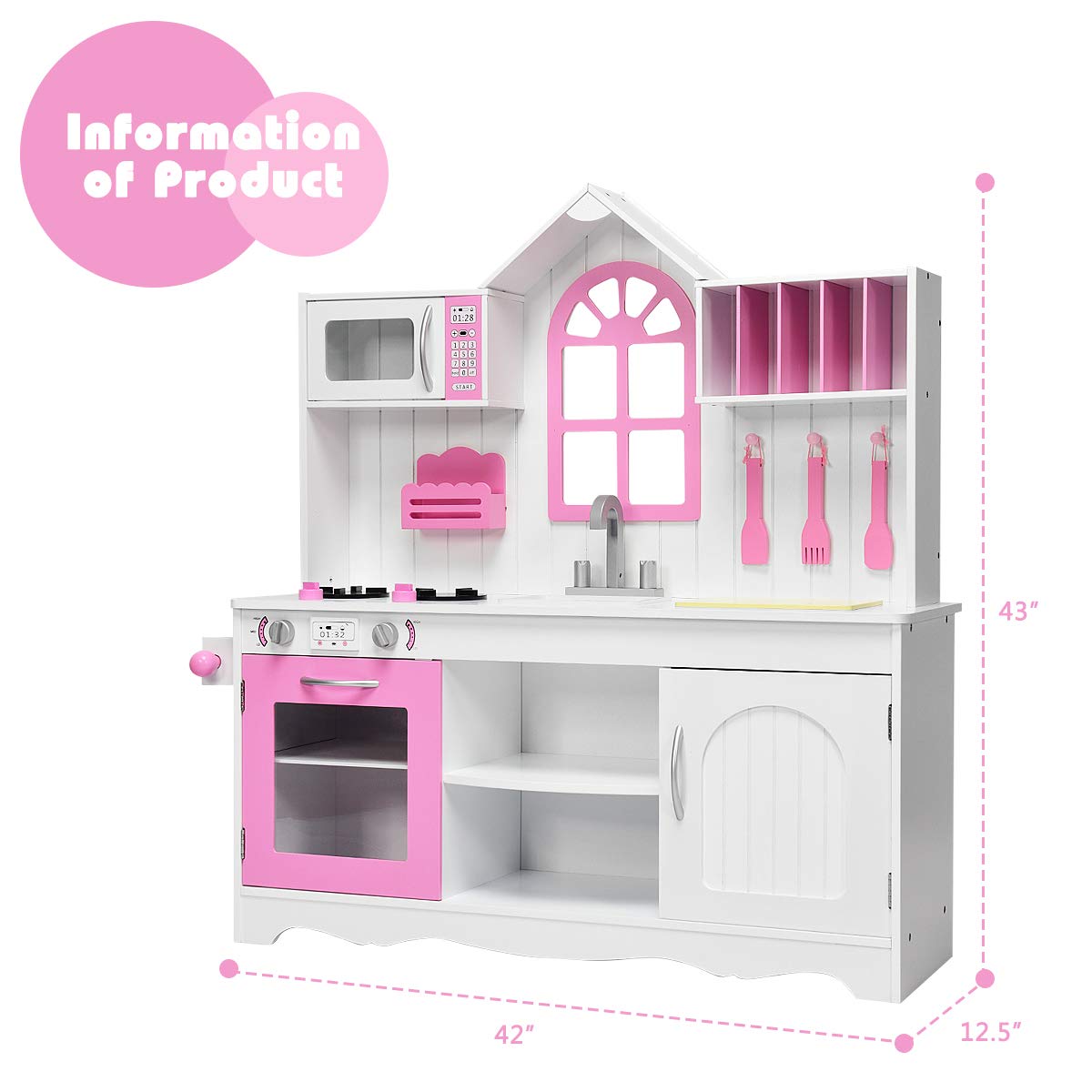 Giantex Wood Play Kitchen, Pink Kids Kitchen Playset for Toddlers