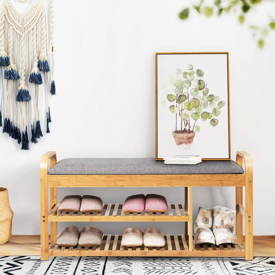 Giantex Shoe Rack Bench, Entryway 3-Tier Bamboo Shoe Organizer with Cushion (Natural and Grey)