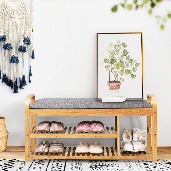 Giantex Shoe Rack Bench, Entryway 3-Tier Bamboo Shoe Organizer with Cushion (Natural and Grey)
