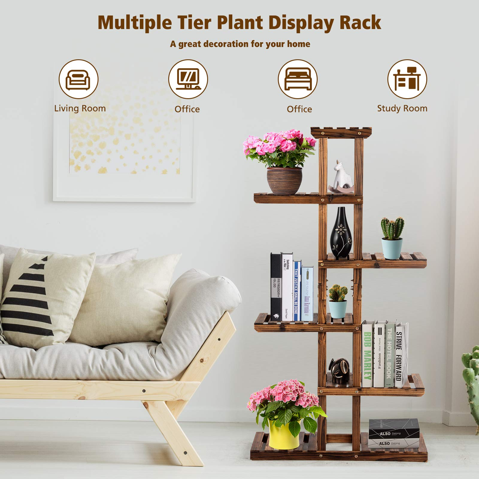 Giantex Flower Rack Wood Plant Stand 7 Wood Shelves 11 Pots