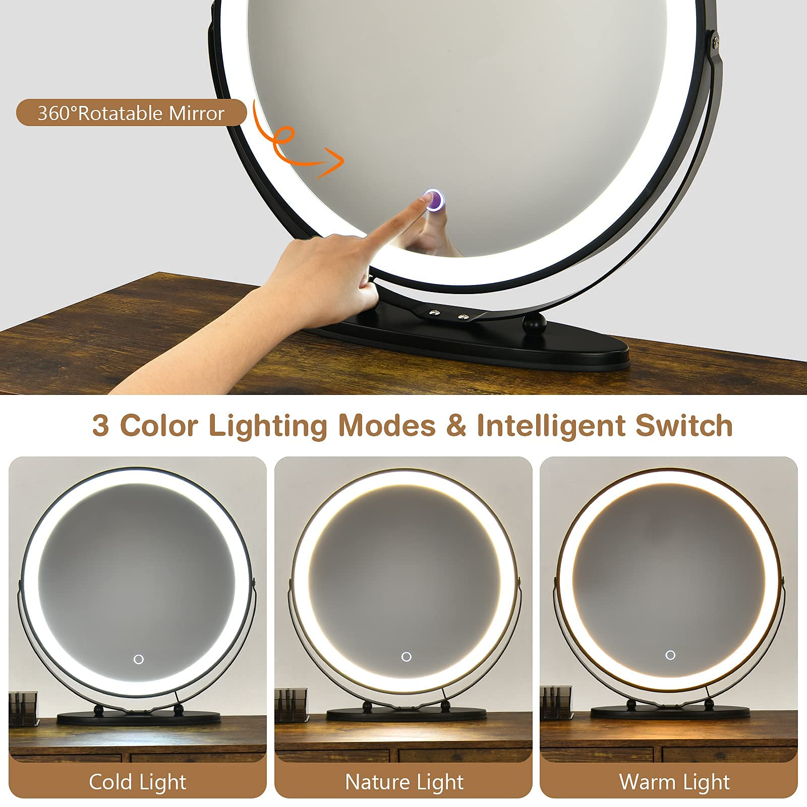 CHARMAID Vanity Set with 3 Colors Lighted Mirror, Left or Right Side Cabinet