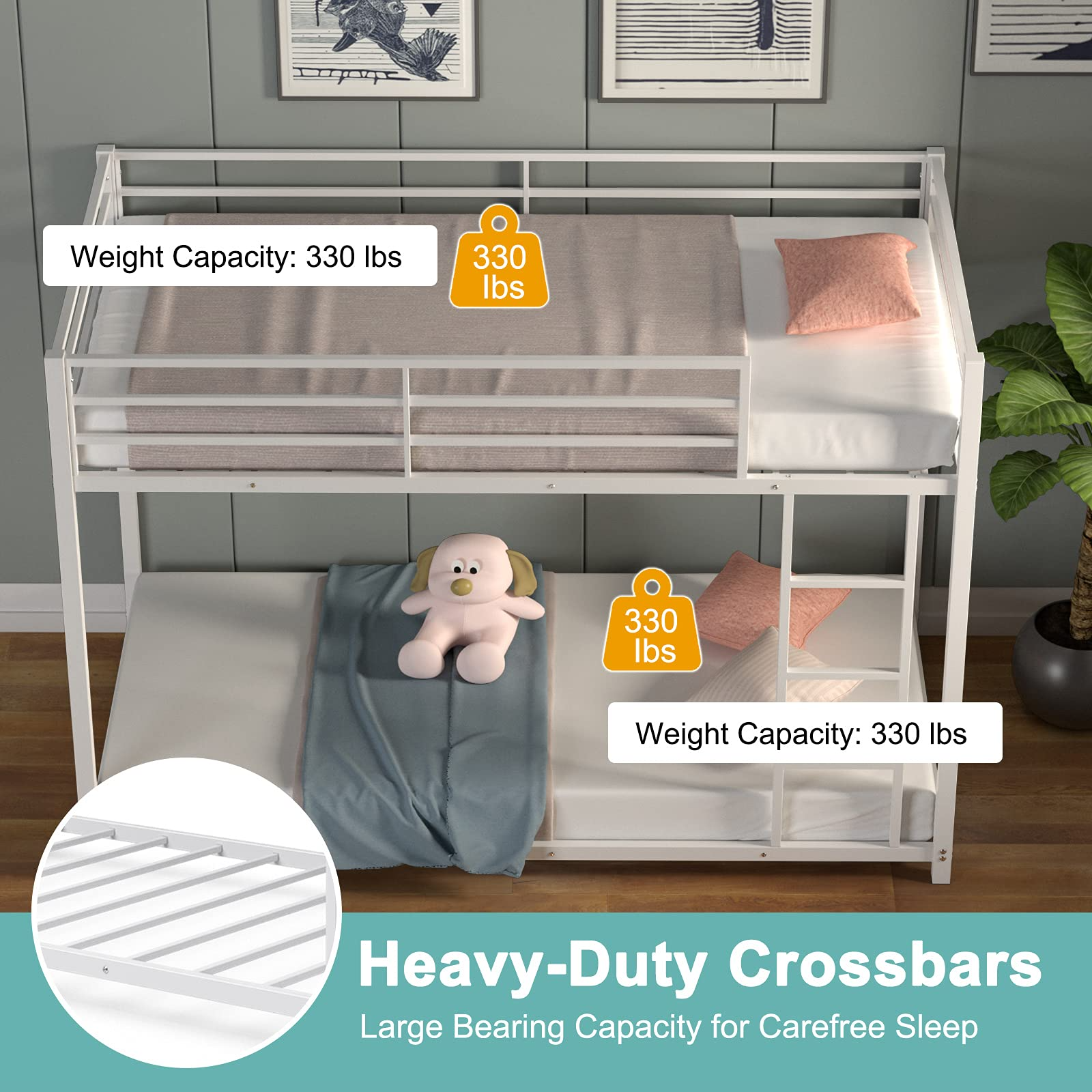 Classic Bunk Bed Frame with Safety Guard Rails & Side Ladder