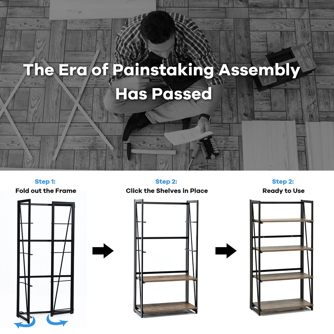 Giantex 4-Tier Bookshelf, No-Assembly Folding Industrial Storage Shelves w/ Anti-Tipping Wall Bolt