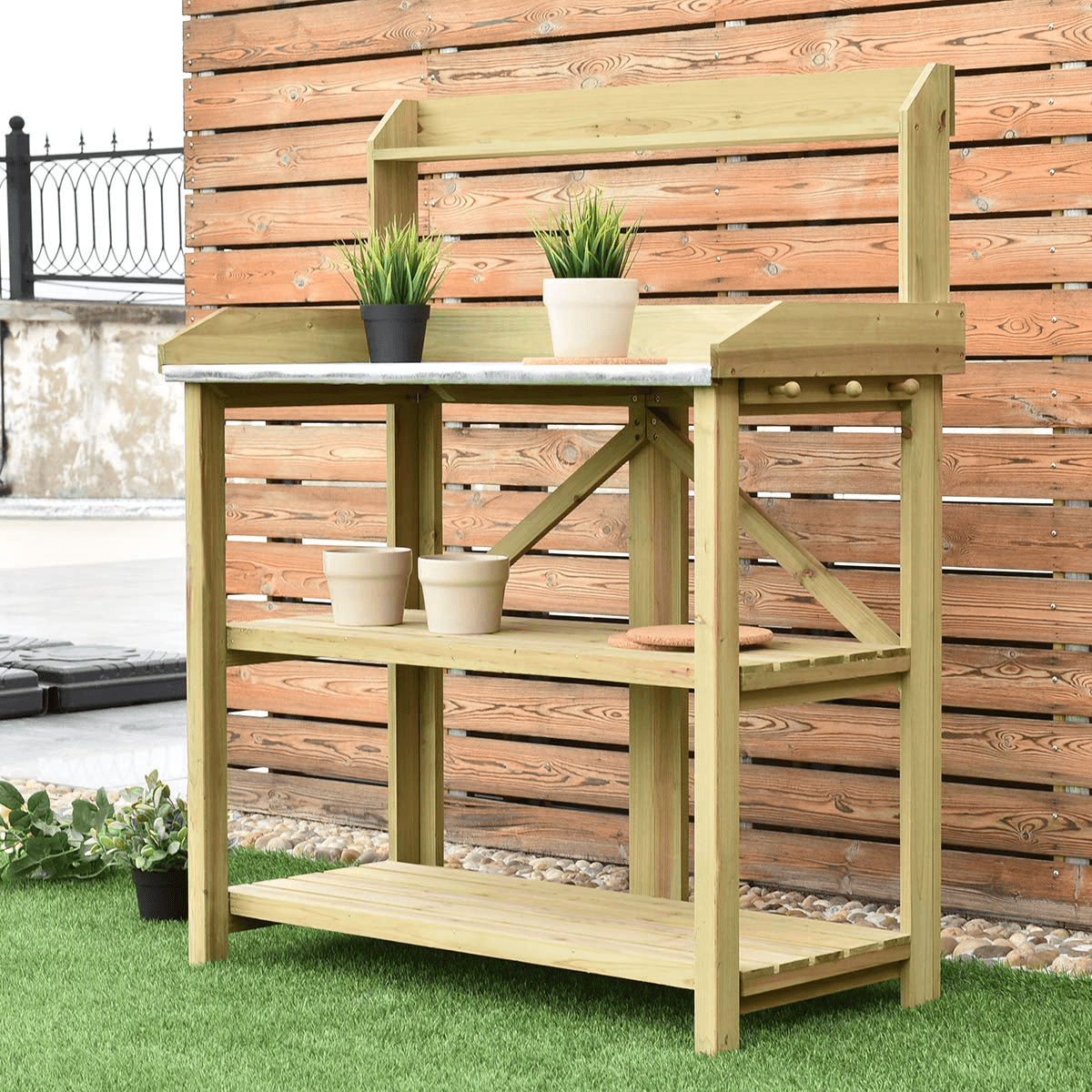 Giantex Outdoor Garden Wooden Potting Work Bench Station Planting Workbench (Light Cyan) - Giantexus