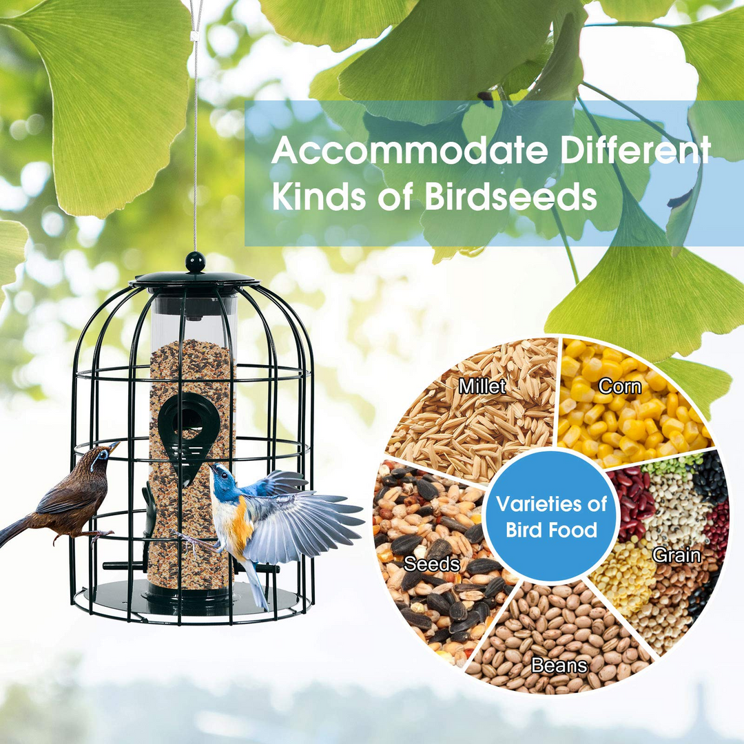 Giantex Metal Hanging Bird Feeder, Outdoor Squirrel-Proof Bird Feeder Cage with 4 Feeding Ports, Transparent PC Tube