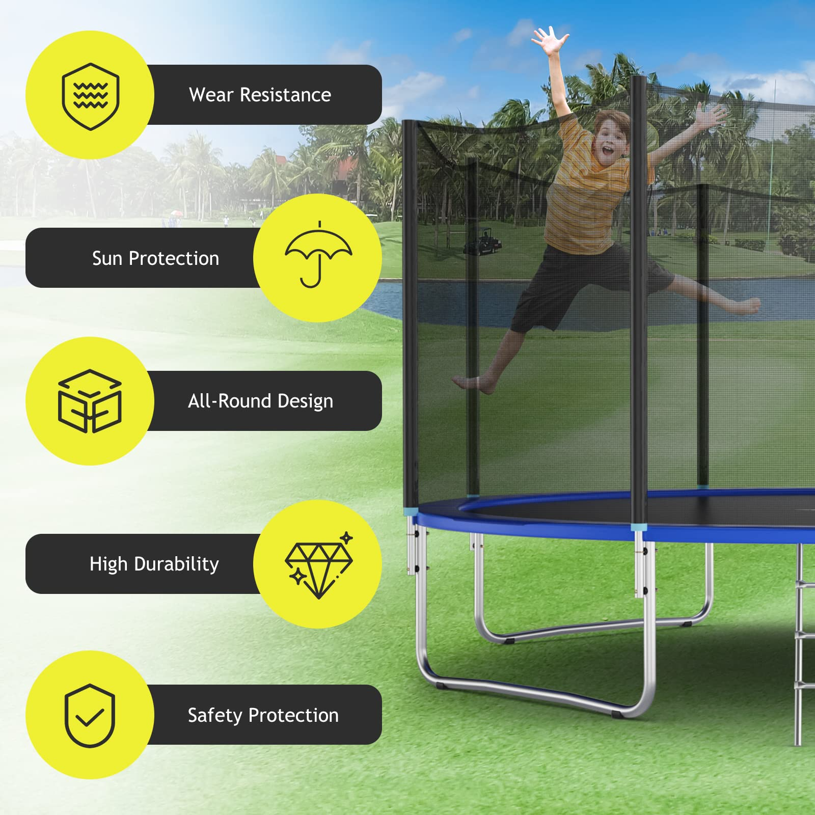 Giantex Trampoline Safety Net, 8 10 12 14 15 16Ft Weather-Resistant Replacement Enclosure Net for Round Frame