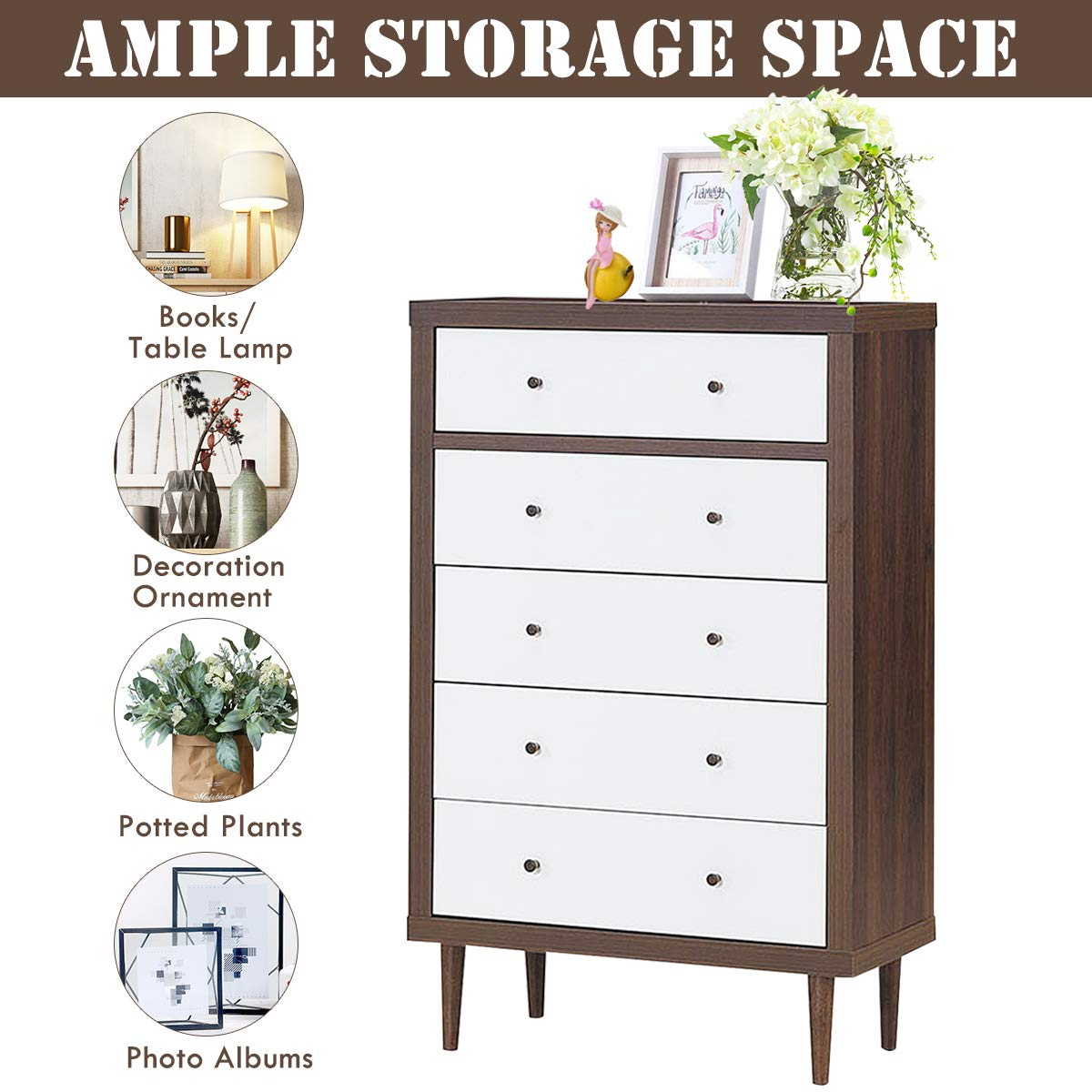 Giantex Drawer Dresser Wooden Chest W/Drawers, Sliding Rail and Stable Frame Antique-Style Free-Standing Chest for The Bedroom