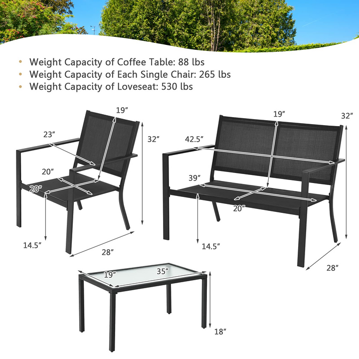 Giantex 4 Pieces Patio Furniture Set, Outdoor Conversation Set, Loveseat Bench with 2 Patio Chairs & Tempered Glass Coffee Table