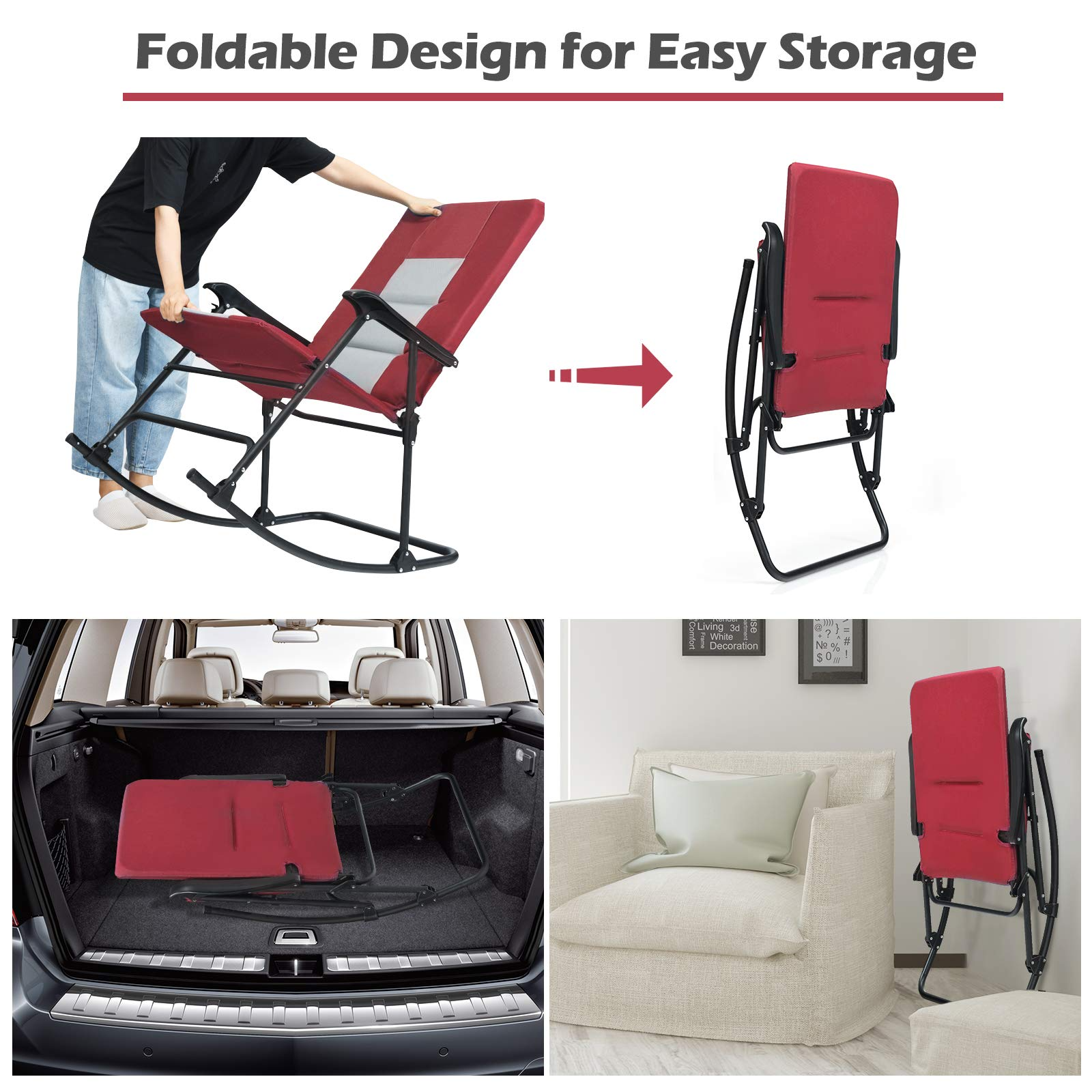 Giantex Camping Rocking Chair Fold-able Oversized with Padded Armrest and Seat
