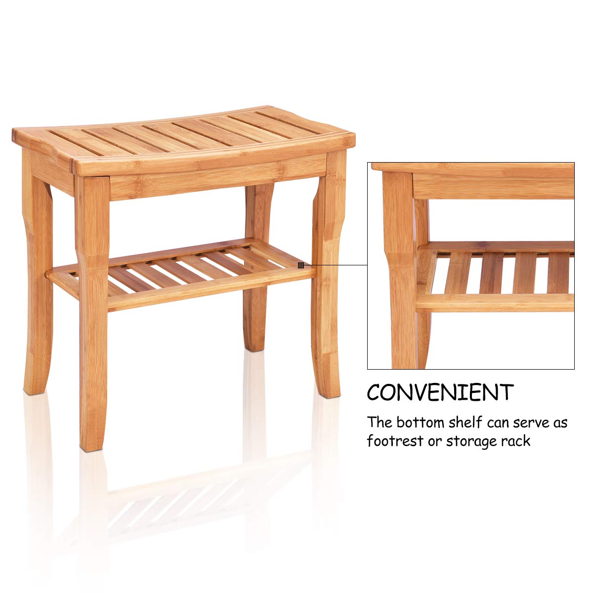Bamboo Shower Bench Seat with Storage Shelf - Giantexus