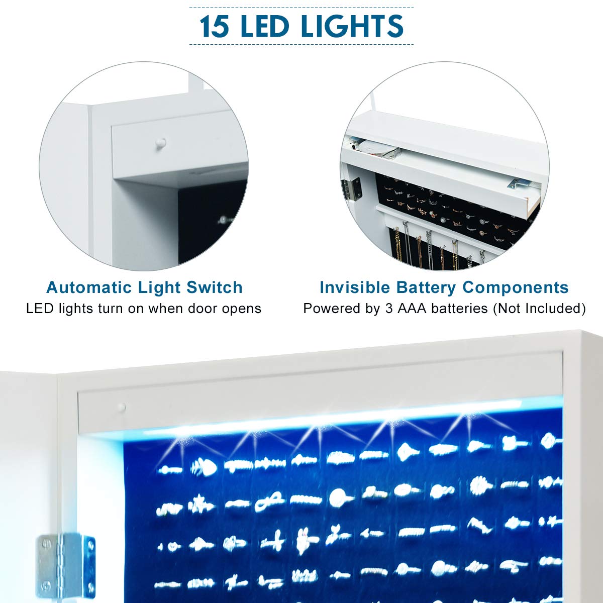 Wall Door Mount Jewelry Armoire Cabinet with 15 LED Lights - Giantex