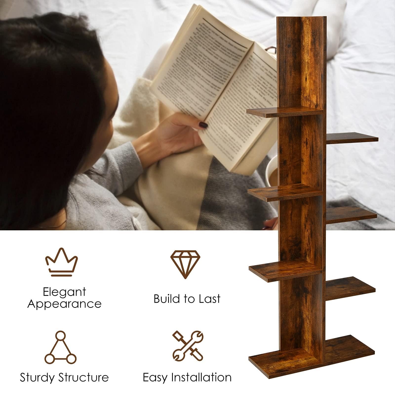 Giantex Wood Bookshelf, 7-Tier Tall Freestanding Tree Bookshelf with Anti-toppling